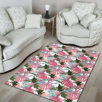 Pink Monstera And Green Tropical Leaves White Rug - Polynesian Pride
