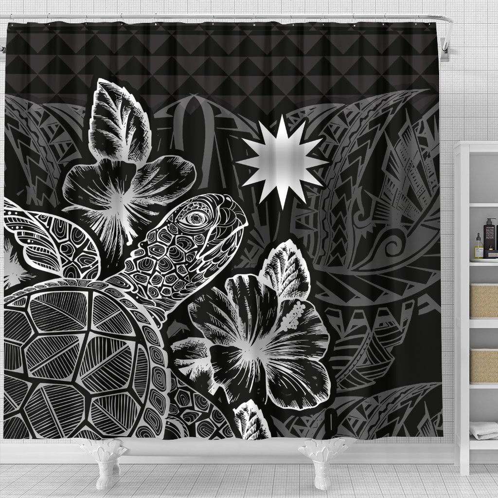 Nauru Shower Curtain Turtle Hibiscus Black - Polynesian Pride