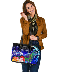 Fiji Custom Personalised Large Leather Tote Bag - Humpback Whale with Tropical Flowers (Blue) - Polynesian Pride