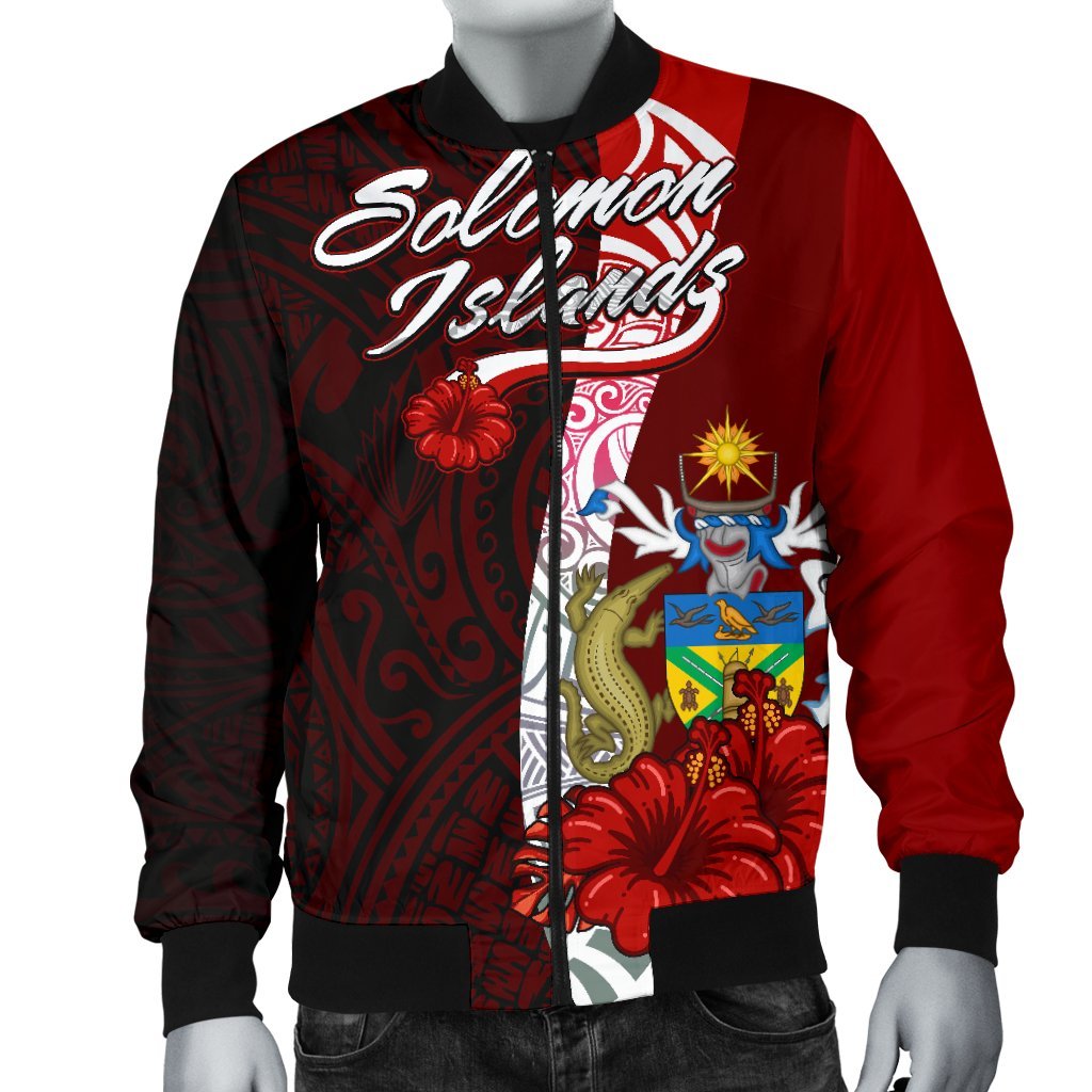Solomon Islands Polynesian Men's Bomber Jacket - Coat Of Arm With Hibiscus - Polynesian Pride
