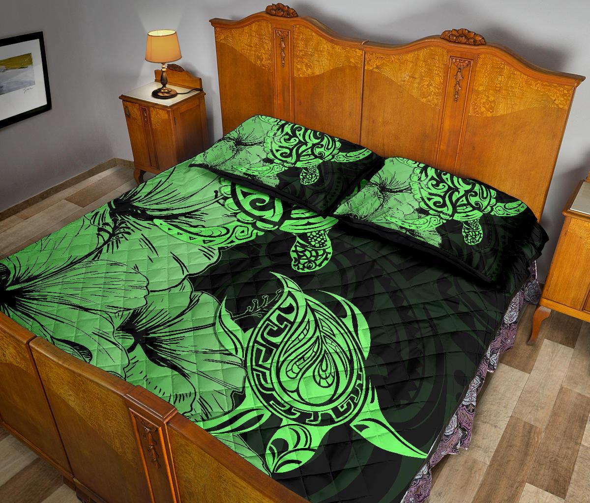 Hawaii Turtle Quilt Bed Set Polynesian Hibiscus Art Green AH - Polynesian Pride