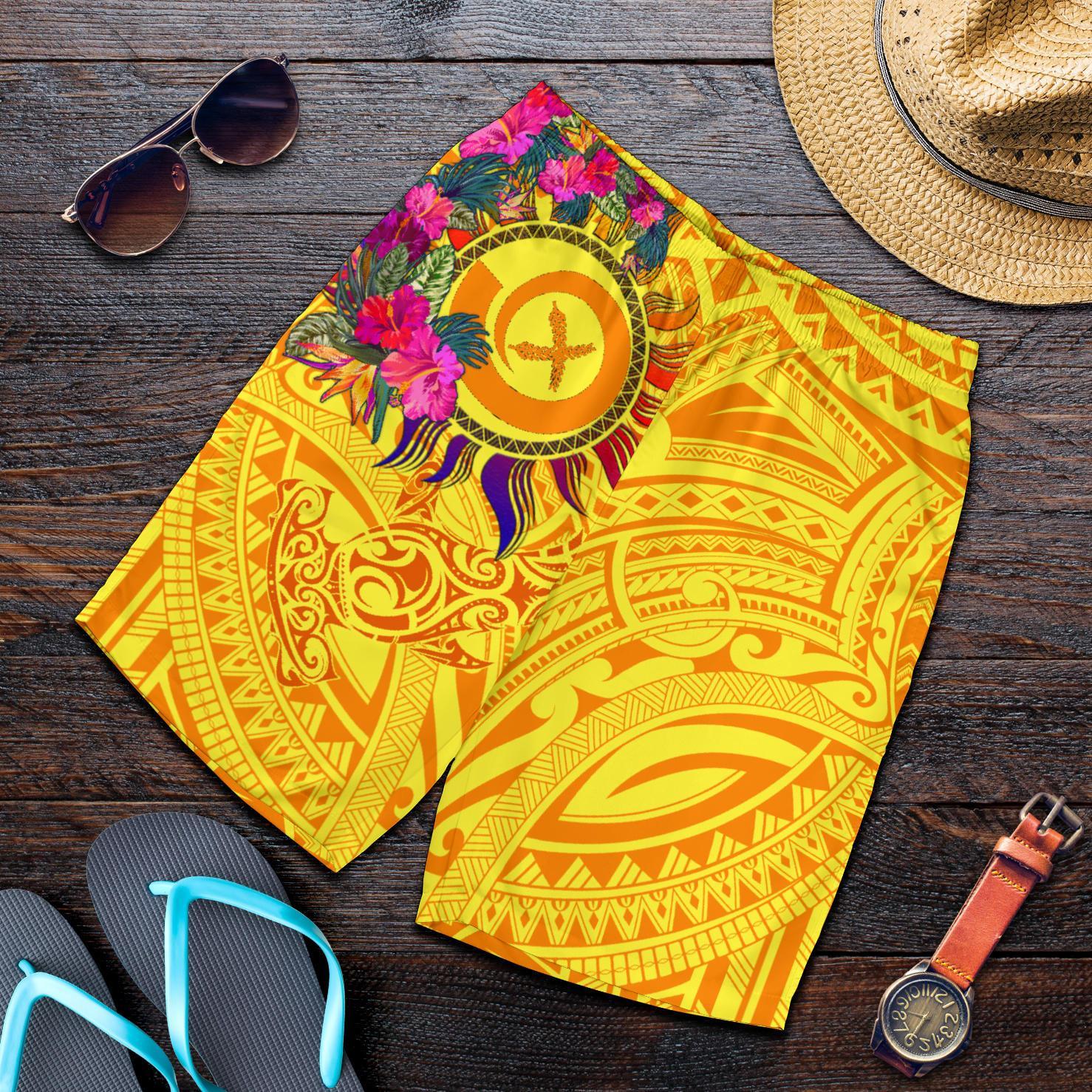 Polynesian Shorts Men's - Vanuatu Symbols With Hibiscus Yellow - Polynesian Pride