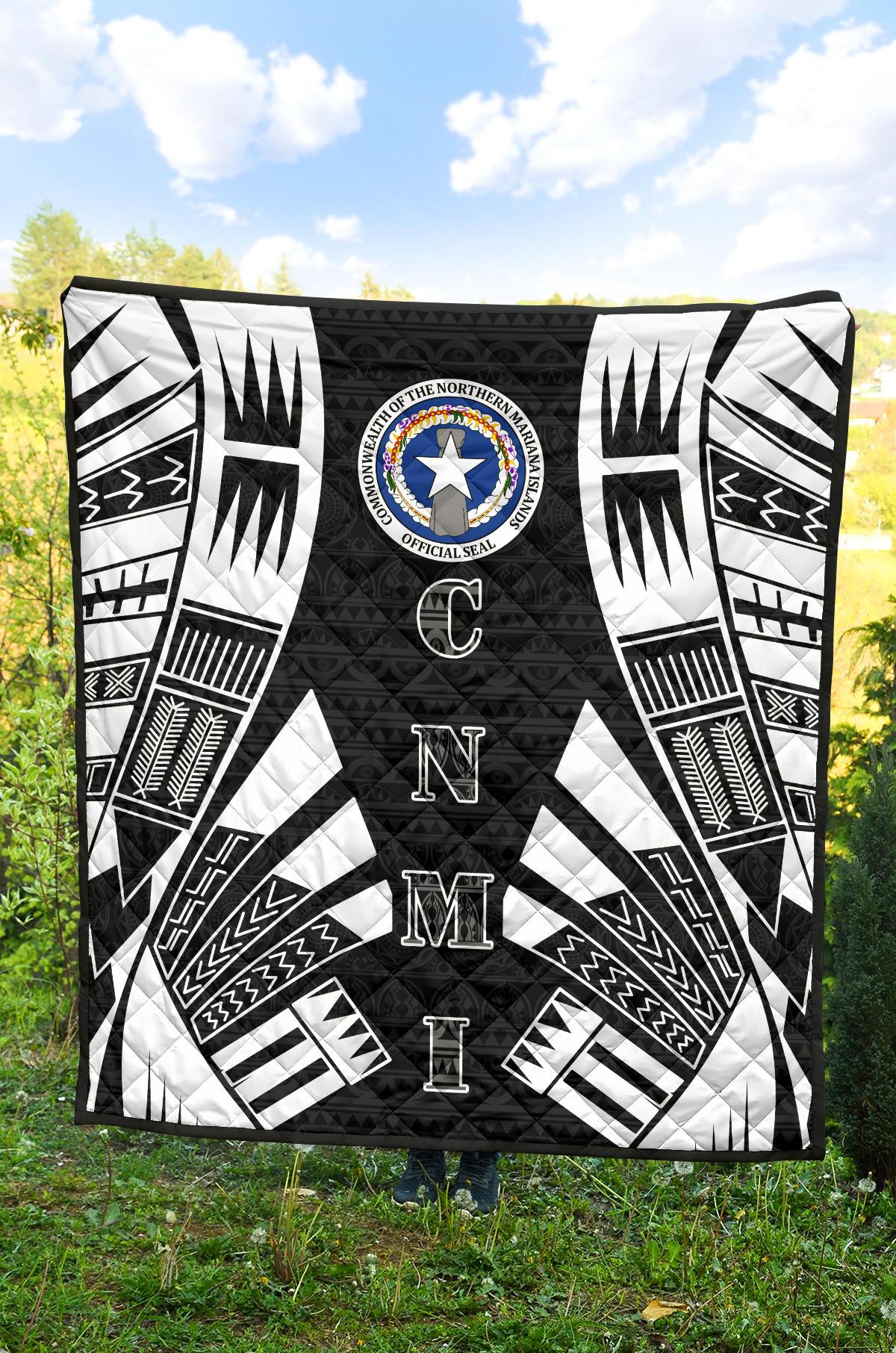 Northern Mariana Islands Premium Quilt - Northern Mariana Islands Seal Polynesian White Tattoo (Black) - Polynesian Pride