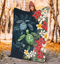 Kanaka Maoli (Hawaiian) Premium Blanket - Sea Turtle Tropical Hibiscus And Plumeria White - Polynesian Pride