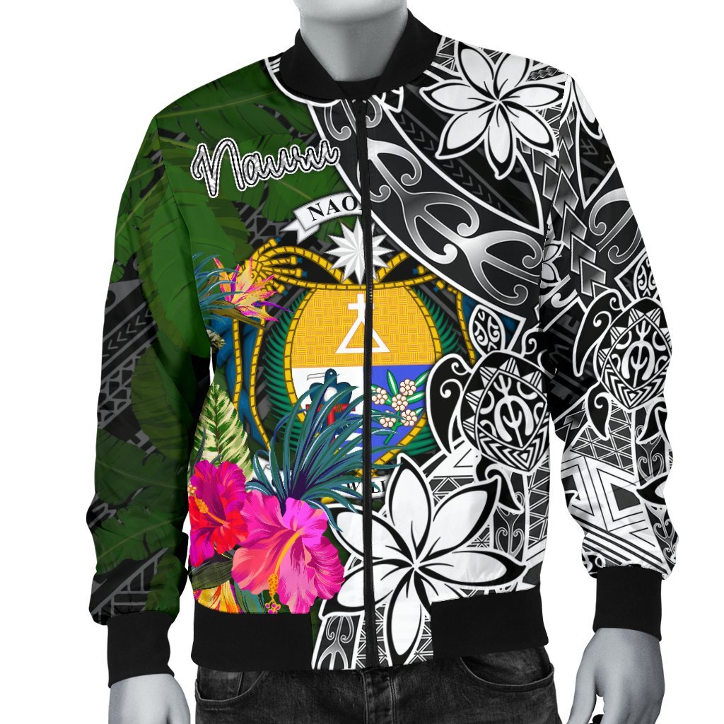 Nauru Men Bomber Jacket - Turtle Plumeria Banana Leaf Crest - Polynesian Pride