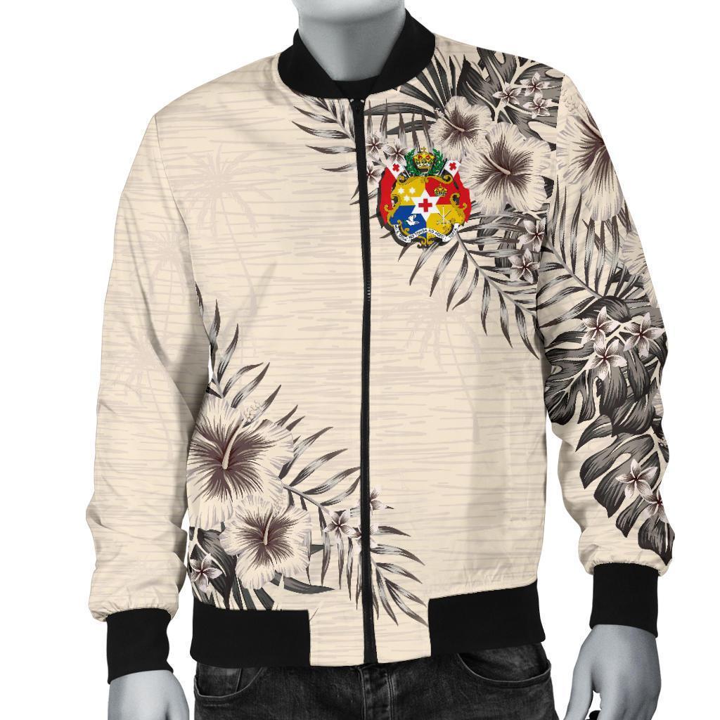 Tonga Men's Bomber Jacket - The Beige Hibiscus Beige - Polynesian Pride
