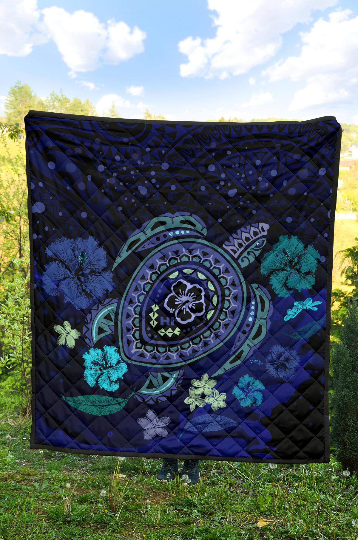 Hawaiian Blue Ocean Honu And Flowers Premium Quilt - Polynesian Pride