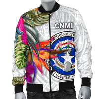 Northern Mariana Islands Men's Bomber Jacket Polynesian Hibiscus White Pattern - Polynesian Pride