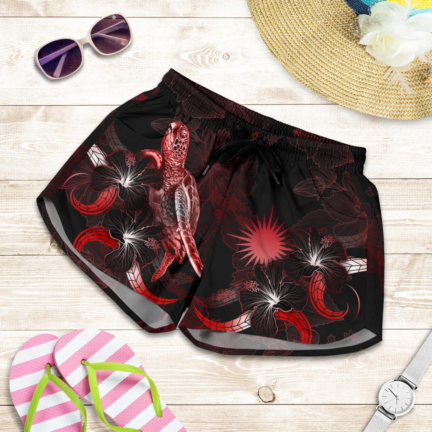 Marshall Islands Polynesian Women's Shorts - Turtle With Blooming Hibiscus Red Women Red - Polynesian Pride