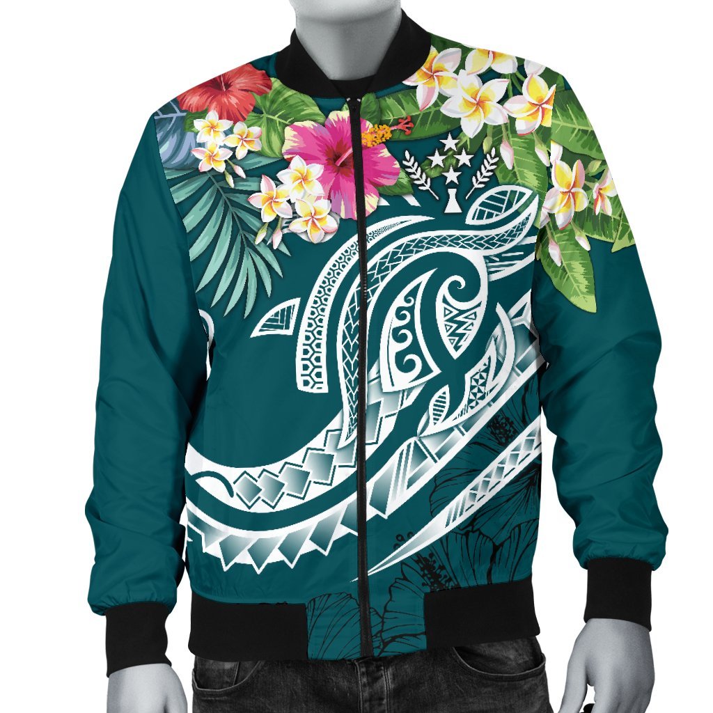 Kosrae Polynesian Men's Bomber Jacket - Summer Plumeria (Turquoise) - Polynesian Pride