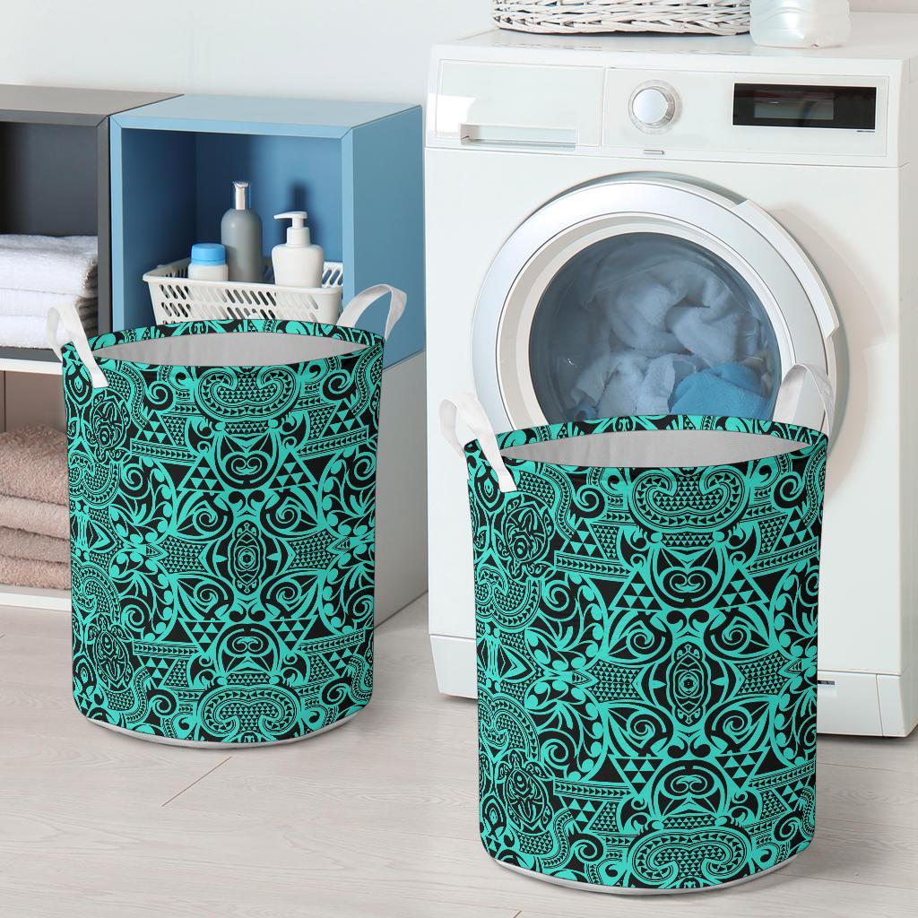 Polynesian Kakau Turtle Turquoise Hawaii Laundry Basket - Polynesian Pride