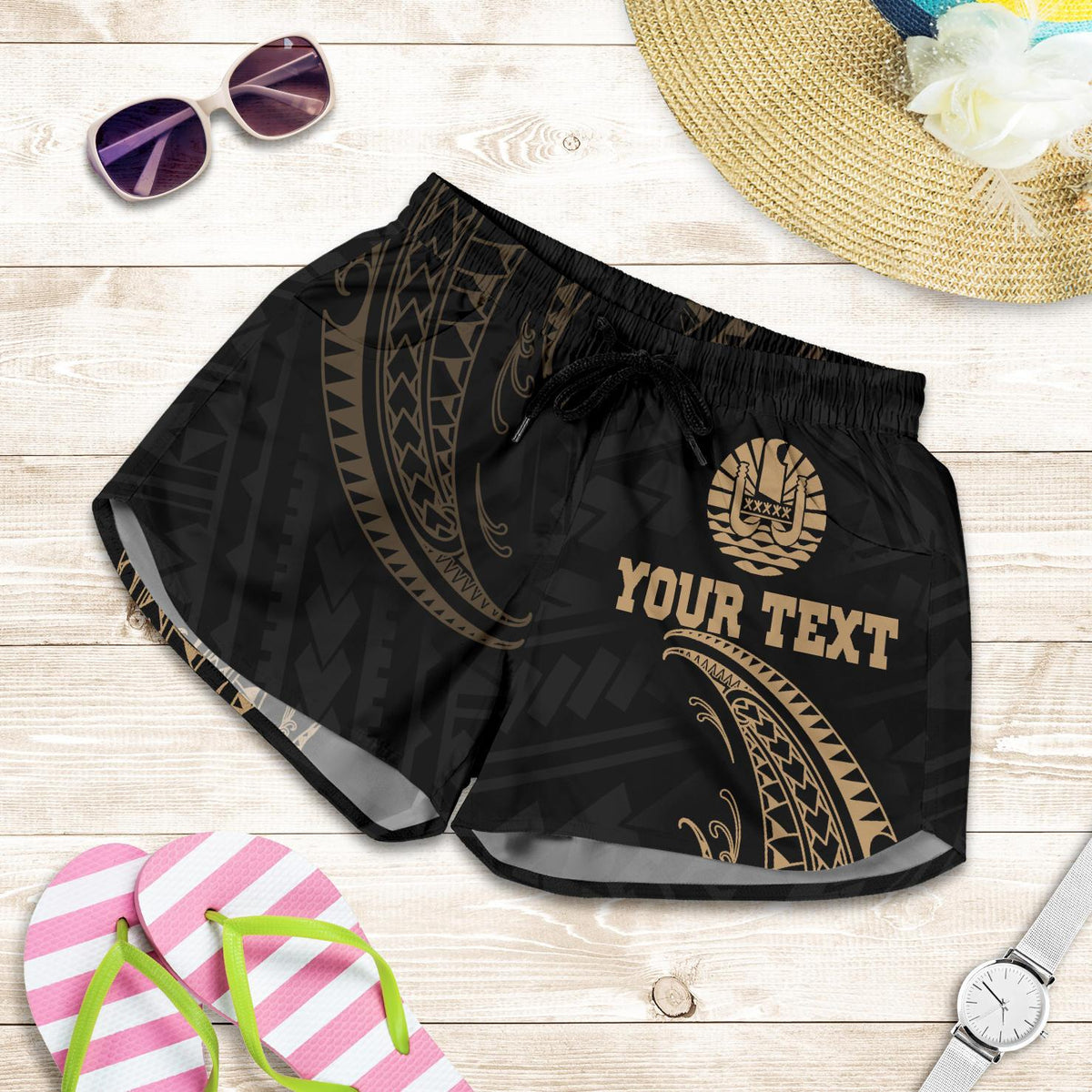 Tahiti Polynesian Custom Personalised Women's Short - Gold Tribal Wave Women Black - Polynesian Pride