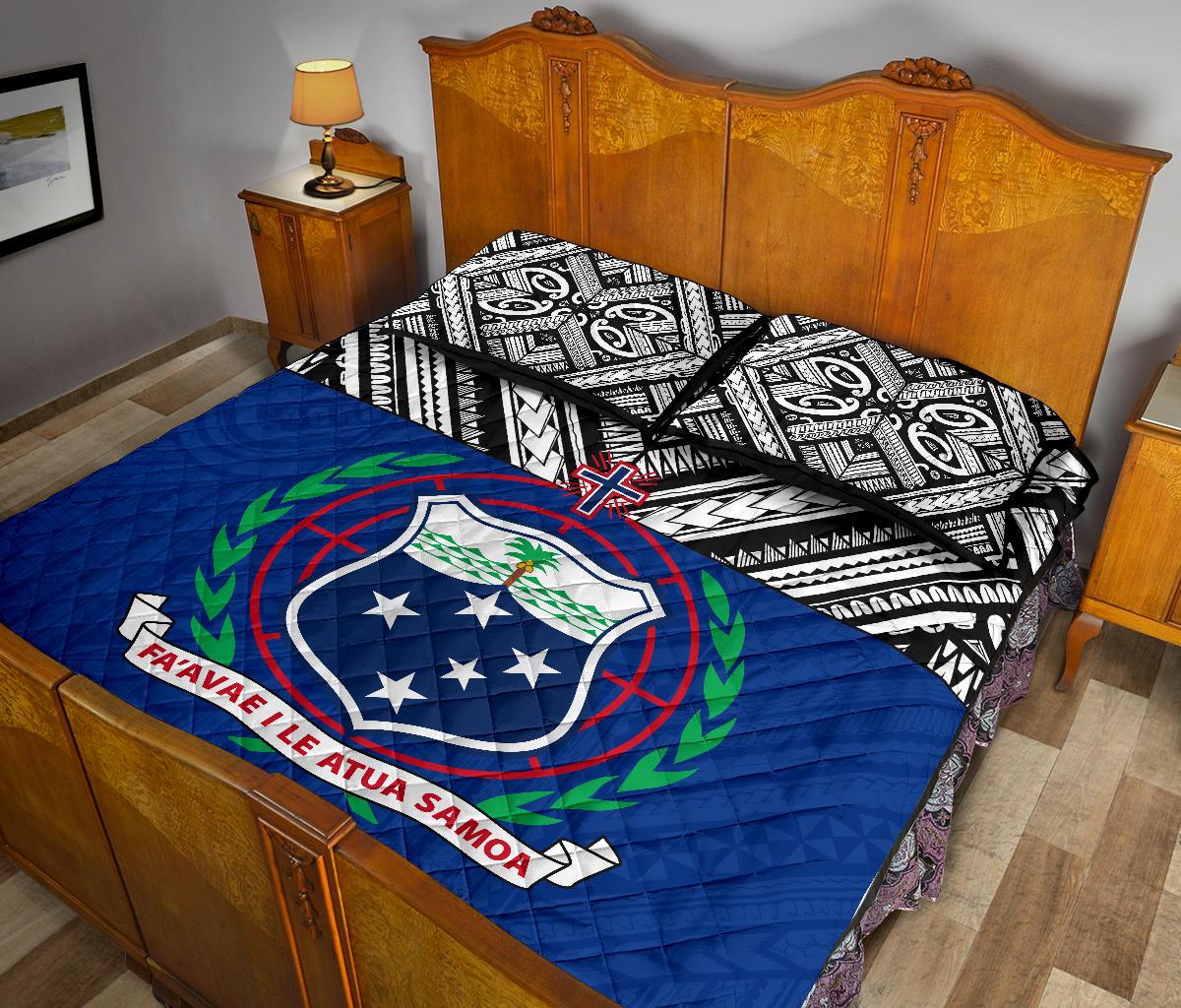 Samoa Polynesian Quilt Bed Set - Samoa Coat Of Arms Blue Version - Polynesian Pride