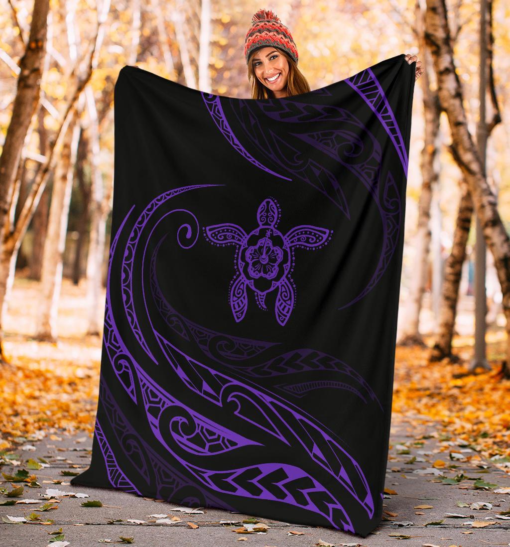 Hawaii Turtle Hibicus Premium Blanket - Frida Style - Purple - Polynesian Pride