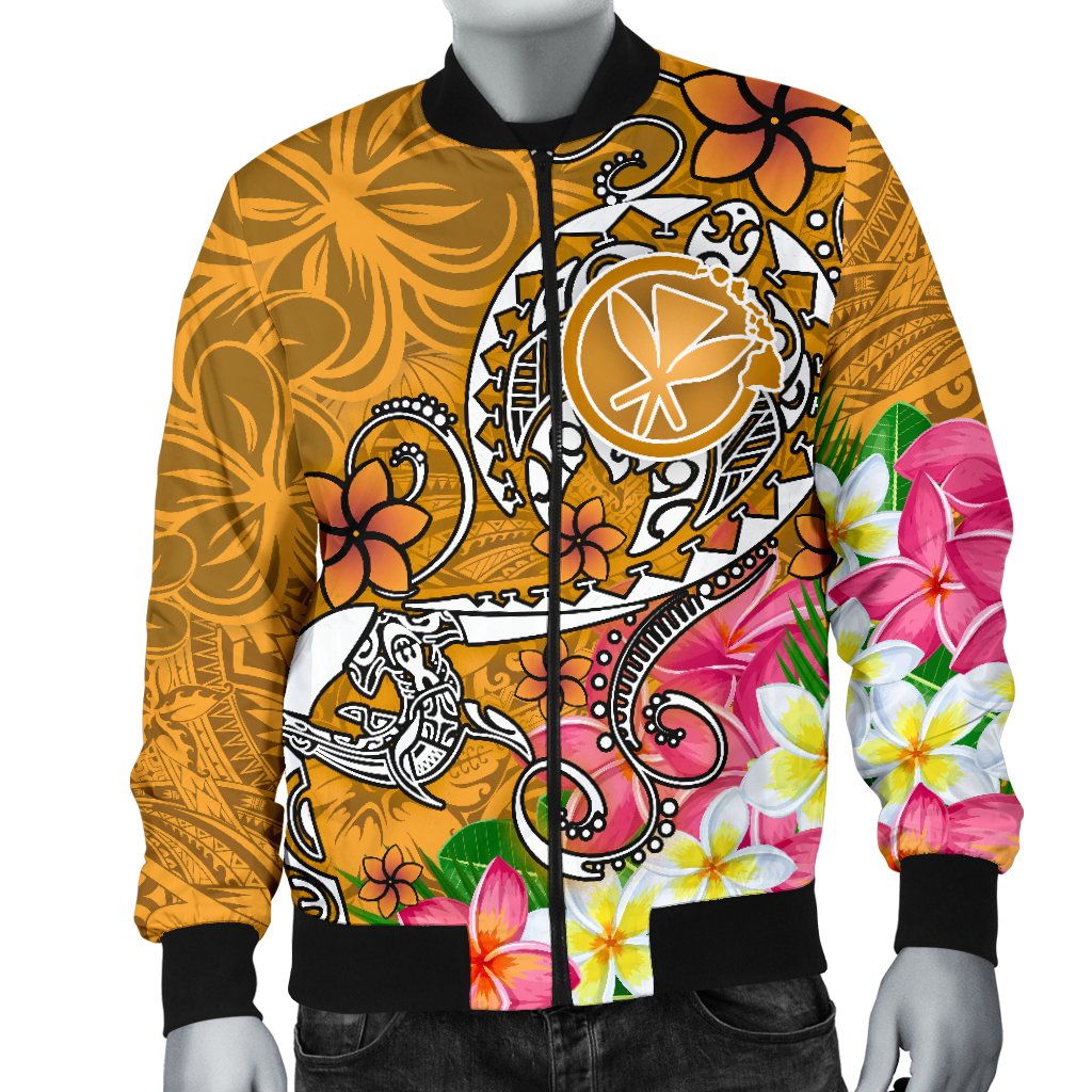 Hawaii Men's Bomber Jacket - Turtle Plumeria Polynesian Tattoo Gold Color - Polynesian Pride