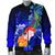 Guam Custom Personalised Men's Bomber Jacket - Humpback Whale with Tropical Flowers (Blue) - Polynesian Pride