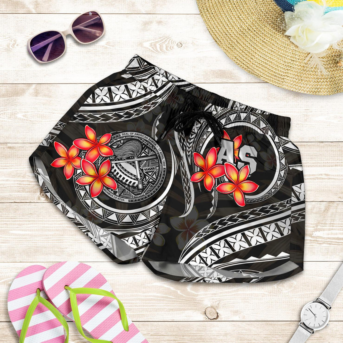 American Samoa Polynesian Women Shorts - Black Plumeria - Polynesian Pride