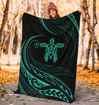 Hawaii Turtle Hibicus Premium Blanket - Frida Style - Turquoise - Polynesian Pride