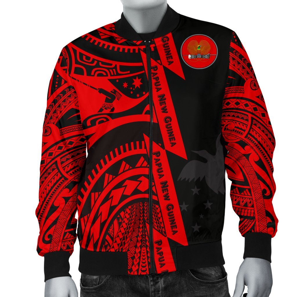 Polynesian Guinea Men's Bomber Jacket - Moana Maui Tattoo With Coat Of Arm Guinea Red Red - Polynesian Pride