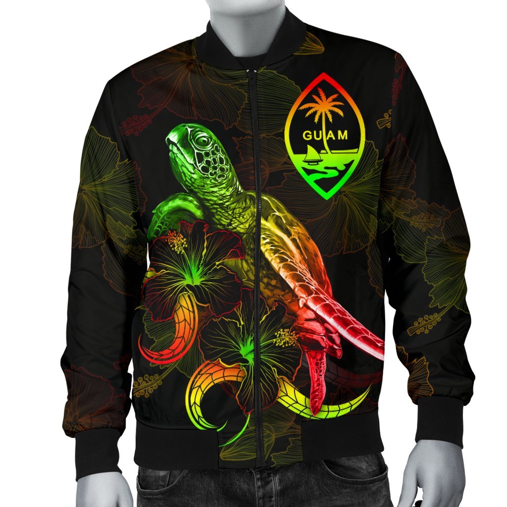 Guam Polynesian Men's Bomber Jacket - Turtle With Blooming Hibiscus Reggae - Polynesian Pride