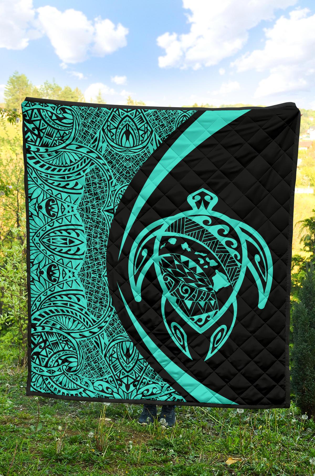 Hawaii Turtle Map Polynesian Premium Quilt - Turquoise - Circle Style - Polynesian Pride
