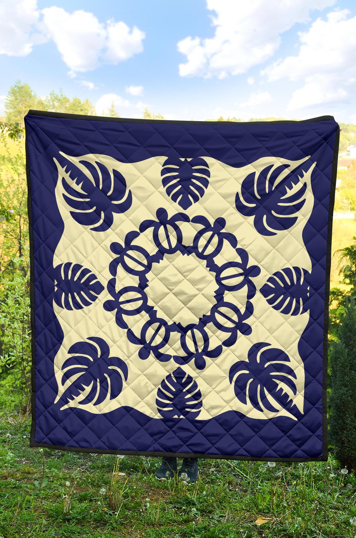 Hawaiian Turtle Coconut Pattern Premium Quilt - Blue - Argu Style - AH - Polynesian Pride