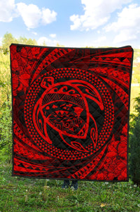 Hawaiian Kanaka Honu Hibiscus Tornando Red Polynesian Premium Quilt - Polynesian Pride