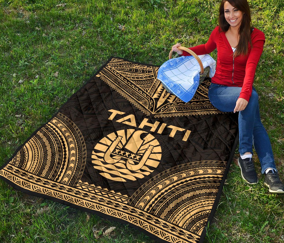 Tahiti Premium Quilt - Tahiti Flag Polynesian Chief Gold Version - Polynesian Pride
