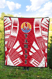 Tahiti Premium Quilt - Tahiti Flag Polynesian White Tattoo (Red) - Polynesian Pride