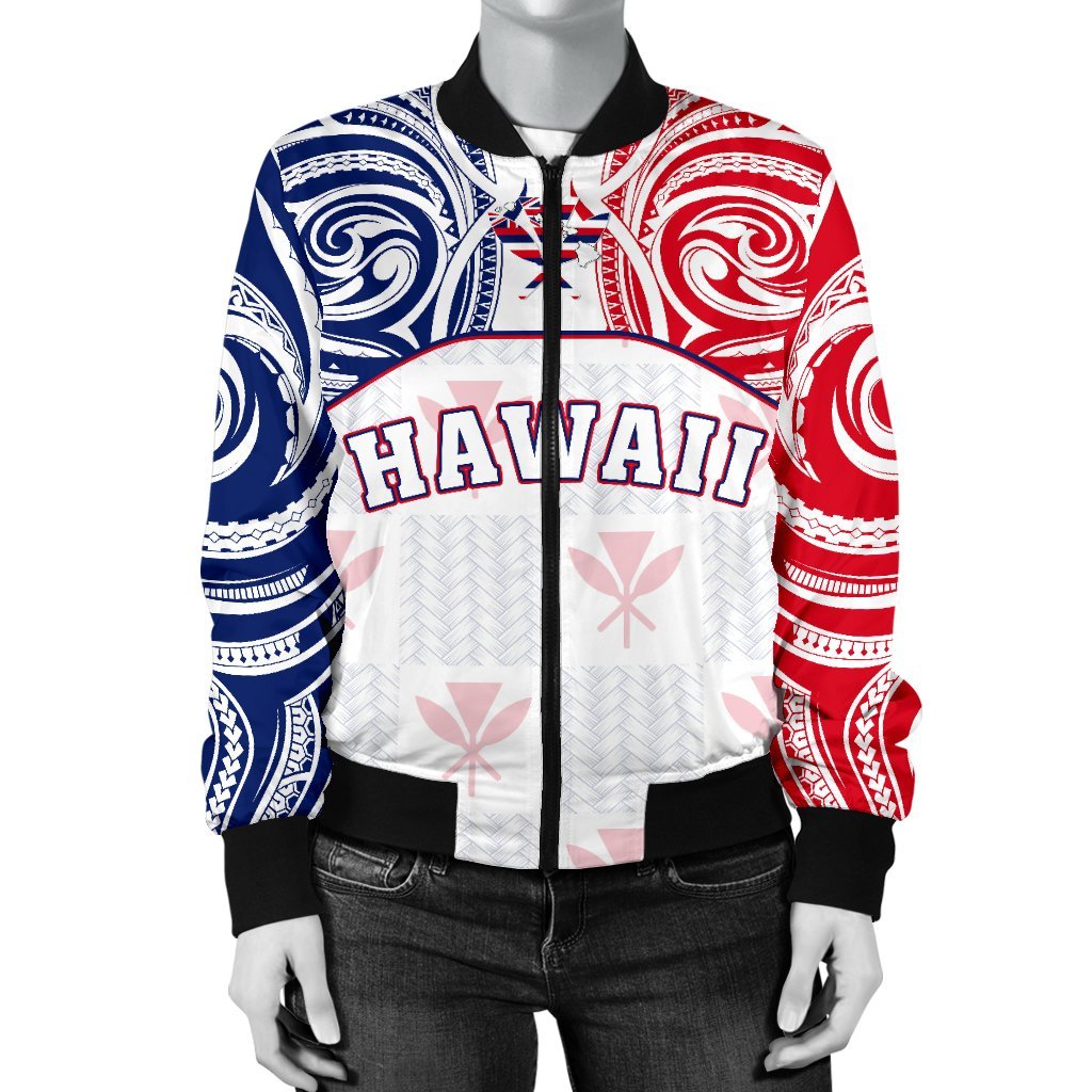 Hawaiian Kanaka Women's Bomber Jacket Flag Nation Demodern White AH - Polynesian Pride