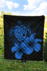 Hawaii Hibiscus Premium Quilt - Turtle Map - Traffic Blue - Polynesian Pride