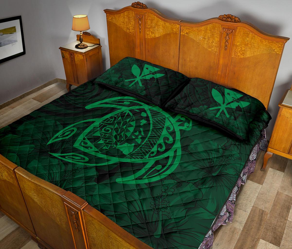 Hawaii Turtle Kanaka Map Hibiscus Poly Quilt Bed Set - Green - Polynesian Pride