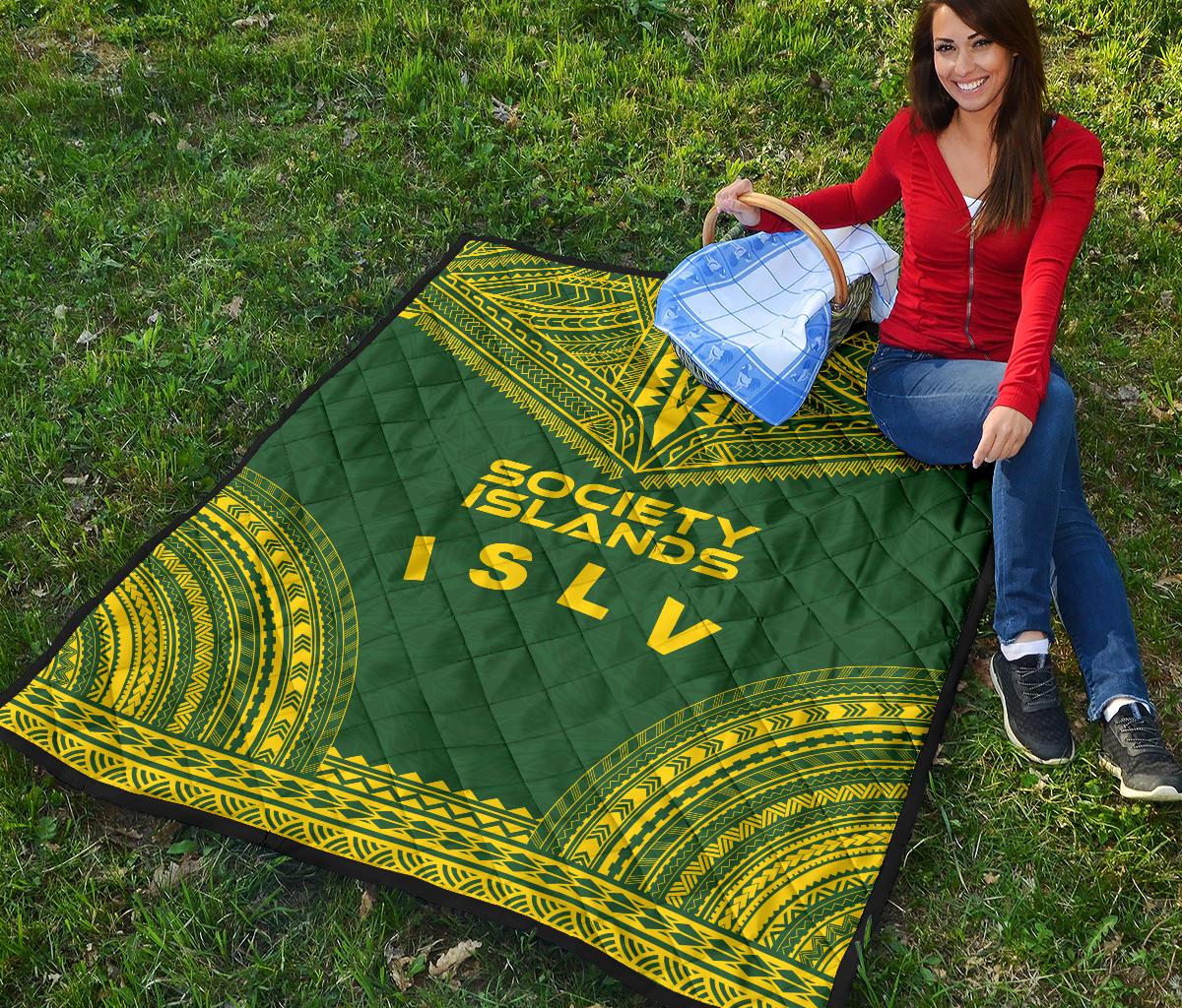 Society Islands Premium Quilt - Society Islands Flag Polynesian Chief Green Version - Polynesian Pride