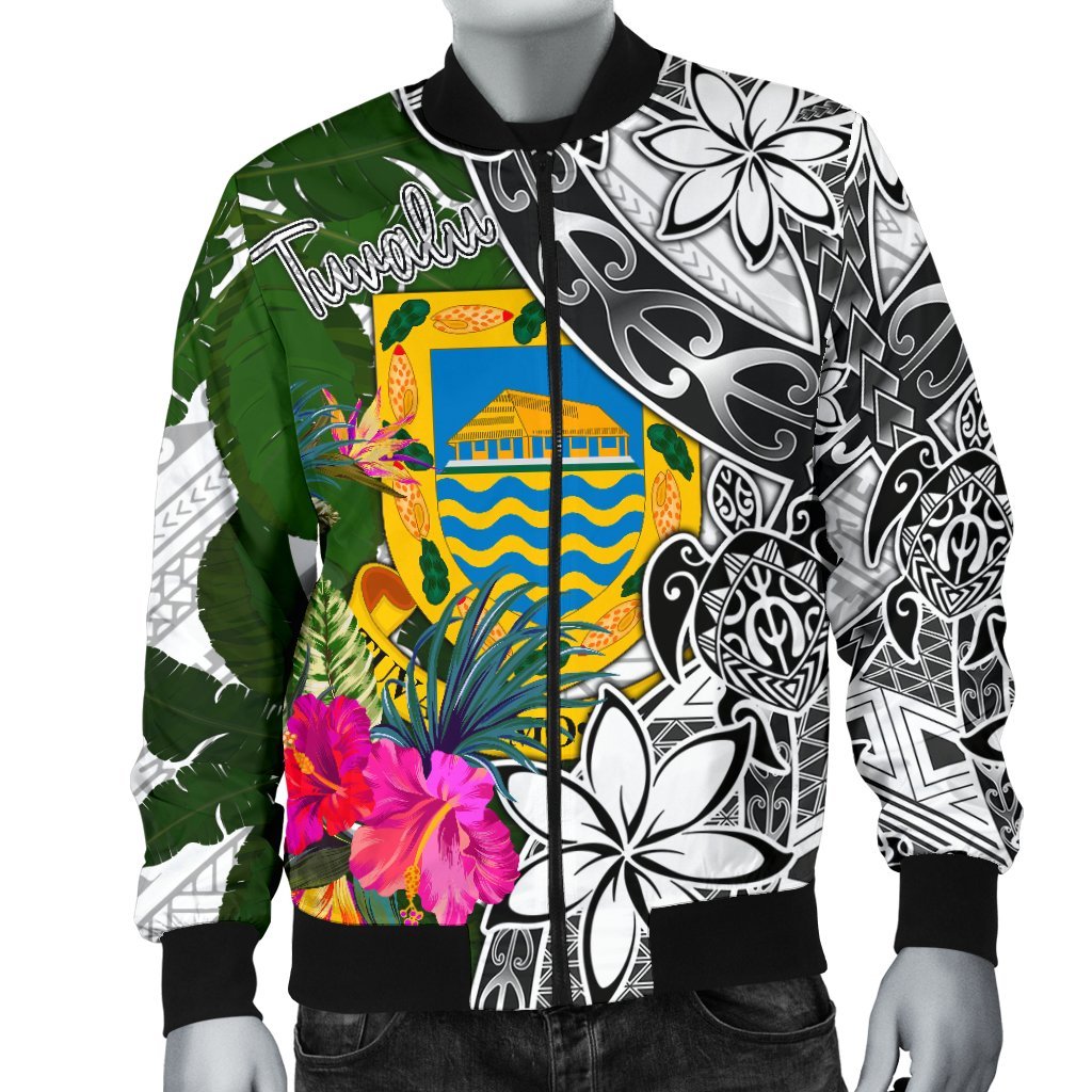 Tuvalu Men's Bomber Jacket White - Turtle Plumeria Banana Leaf - Polynesian Pride