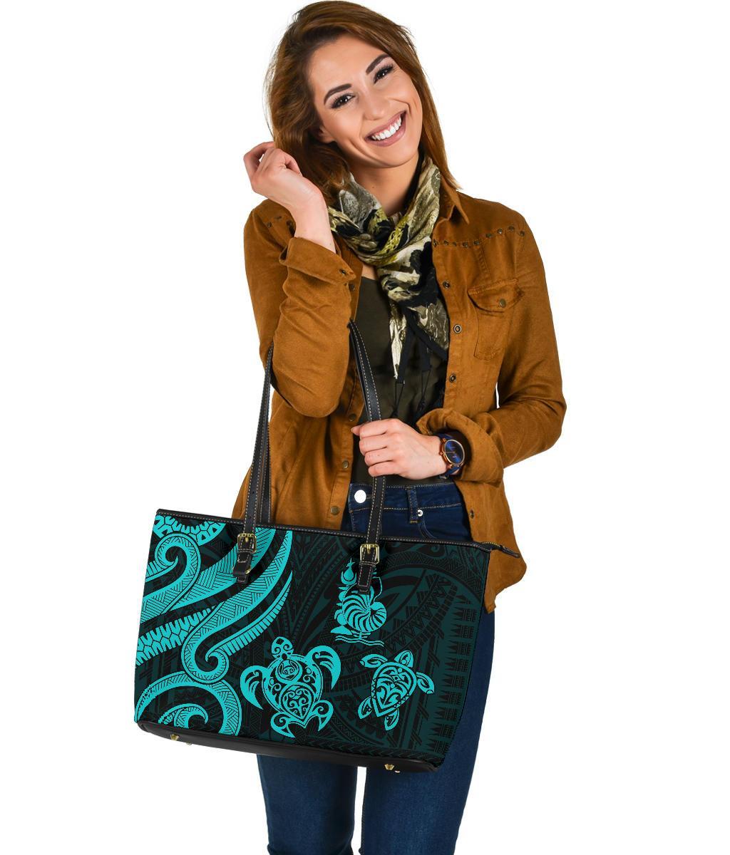 New Caledonia Large Leather Tote - Turquoise Tentacle Turtle - Polynesian Pride