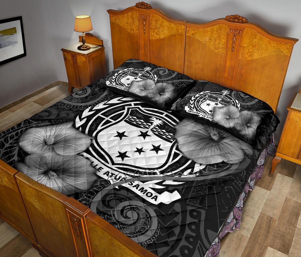 Samoa Polynesian Quilt Bed Set - Samoa Coat Of Arms & Black Hibiscus - Polynesian Pride