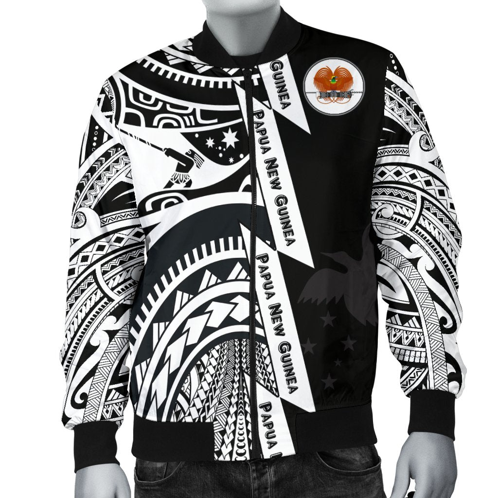 Polynesian Guinea Men's Bomber Jacket - Moana Maui Tattoo With Coat Of Arm Guinea White White - Polynesian Pride