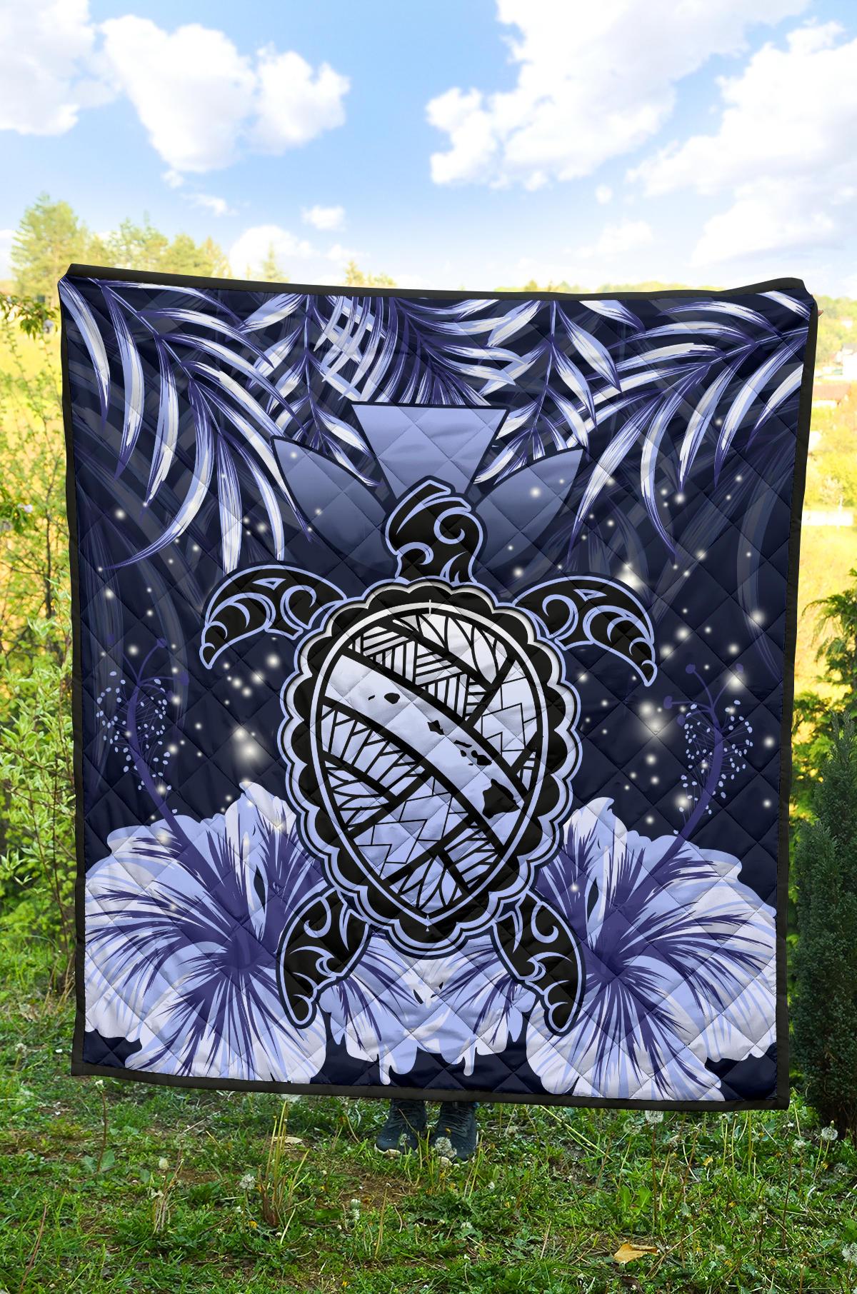 Hawaii Turtle Hibiscus Blue Premium Quilt - Hac Style - AH - Polynesian Pride