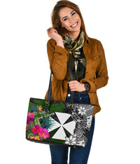 Wallis and Futuna Large Leather Tote Bag - Turtle Plumeria Banana Leaf - Polynesian Pride