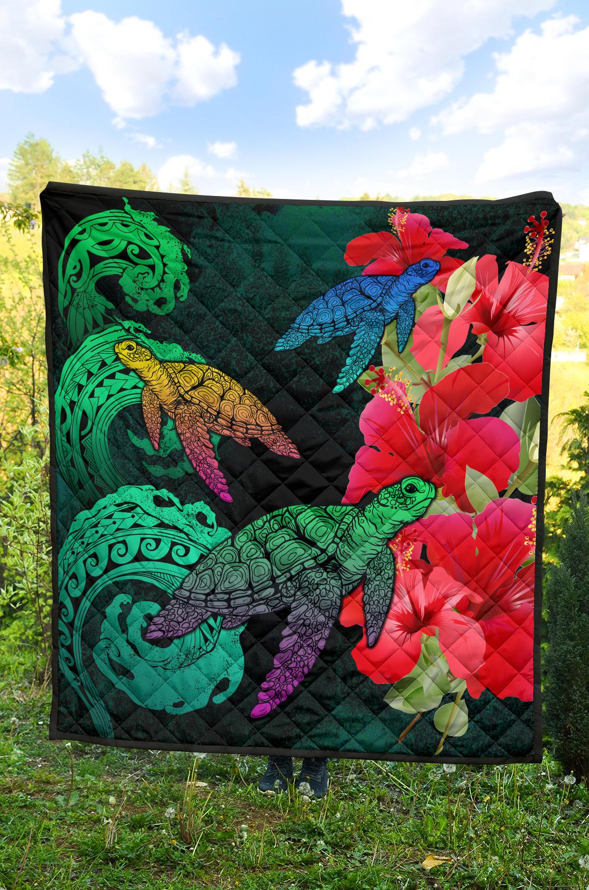 Hawaii Turtle Wave Hibiscus Premium Quilt - Unia Style - Polynesian Pride