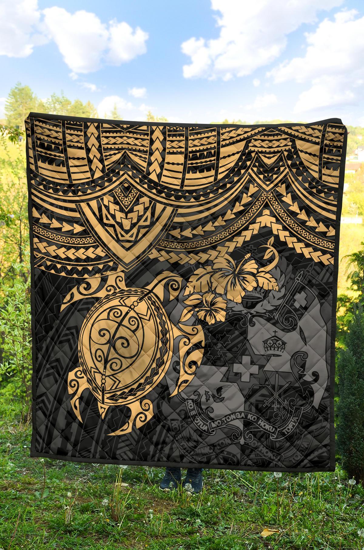 Tonga Polynesian Premium Quilts - Tonga Coat Of Arms & Golden Turtle Hibiscus - Polynesian Pride