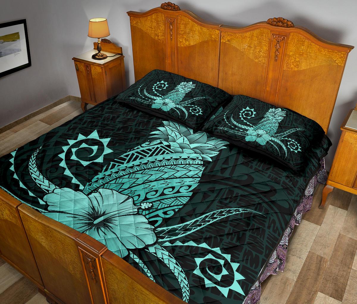 Hawaii Polynesian Pineapple Hibiscus Quilt Bed Set - Zela Style Turquoise - Polynesian Pride