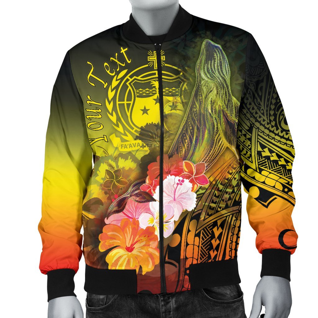Custom Personalised Samoa Men's Bomber Jacket- Humpback Whale with Tropical Flowers (Yellow) - Polynesian Pride