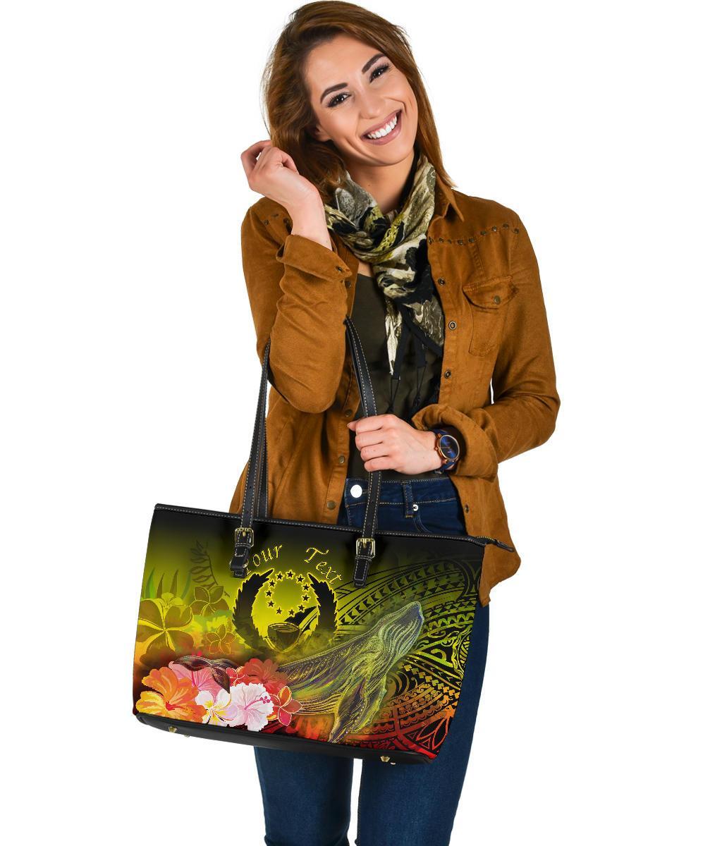 Pohnpei Custom Personalised Large Leather Tote Bag - Humpback Whale with Tropical Flowers (Yellow) - Polynesian Pride