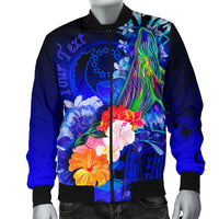 Pohnpei Custom Personalised Men's Bomber Jacket - Humpback Whale with Tropical Flowers (Blue) - Polynesian Pride