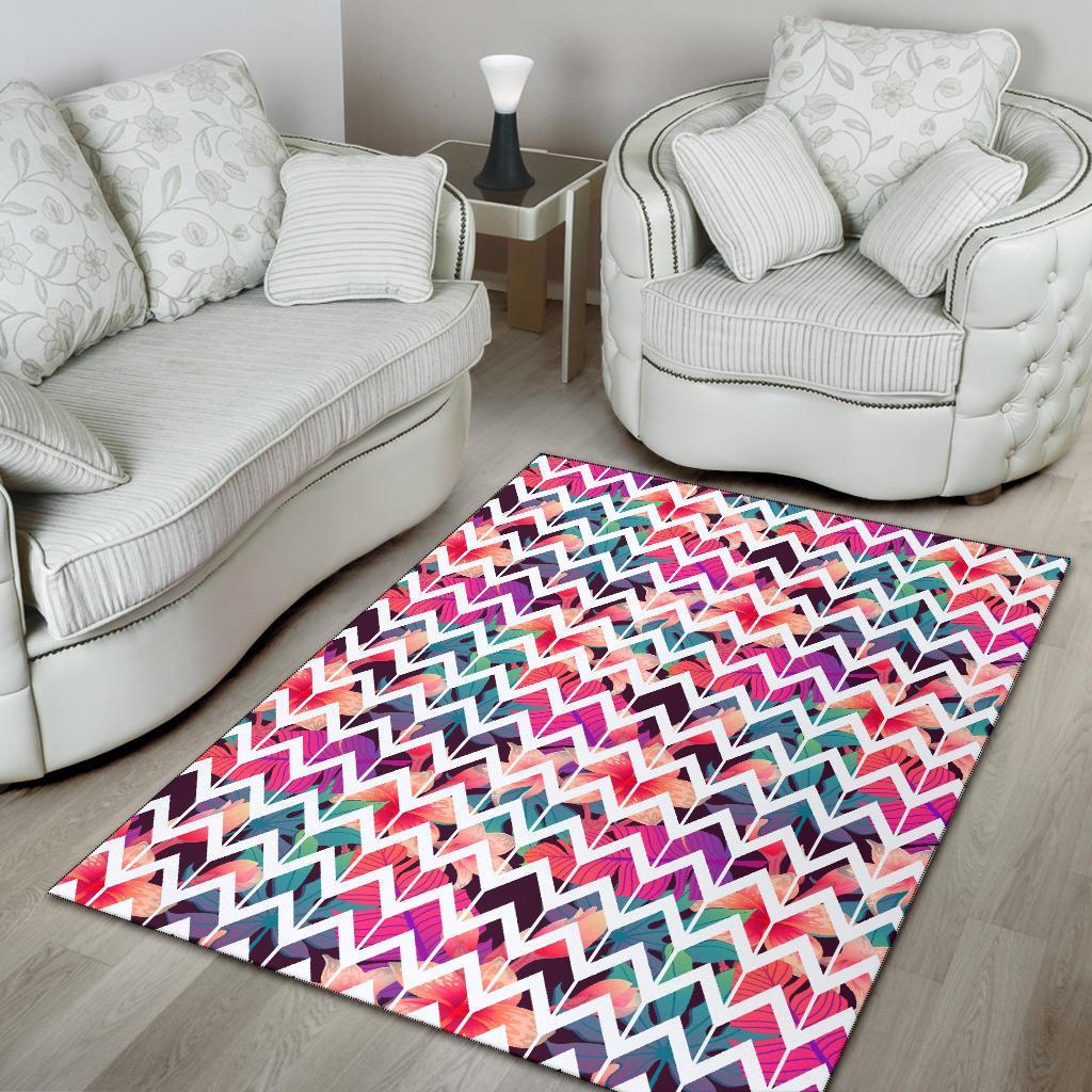 Palm Foliage On Striped Zigzag Rug - Polynesian Pride