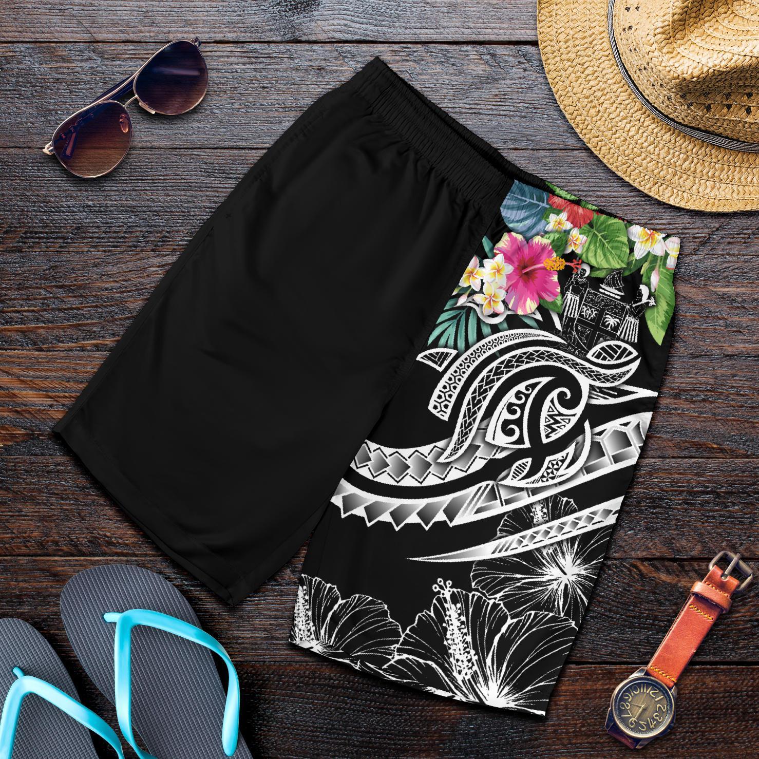 Fiji Polynesian Men's Shorts - Summer Plumeria (Black) Black - Polynesian Pride