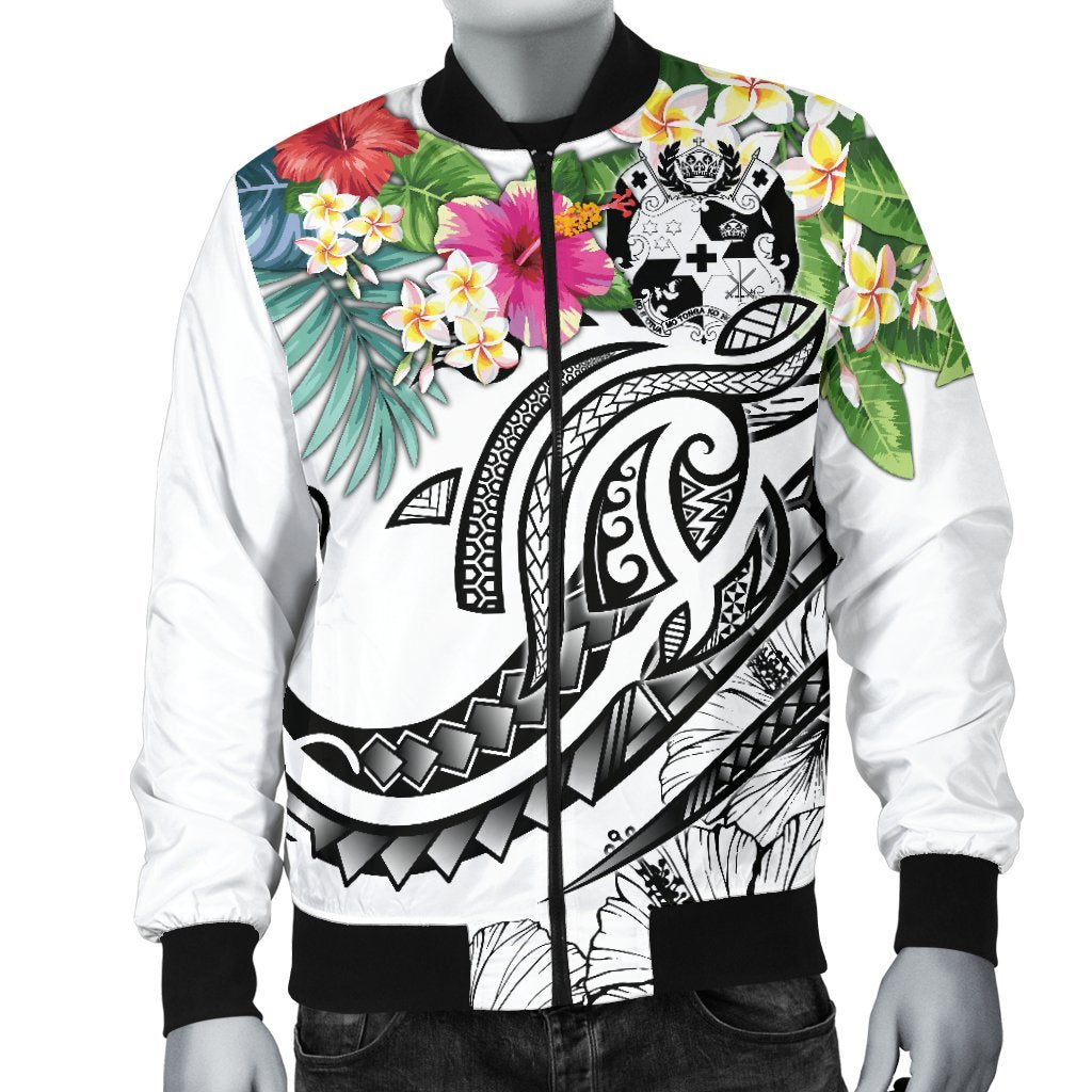 Tonga Polynesian Men's Bomber Jacket - Summer Plumeria (White) - Polynesian Pride