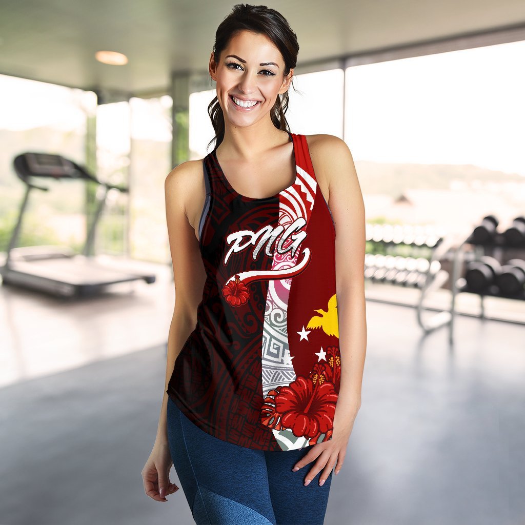 Papua New Guinea Polynesian Women's Racerback Tank - Coat Of Arm With Hibiscus - Polynesian Pride