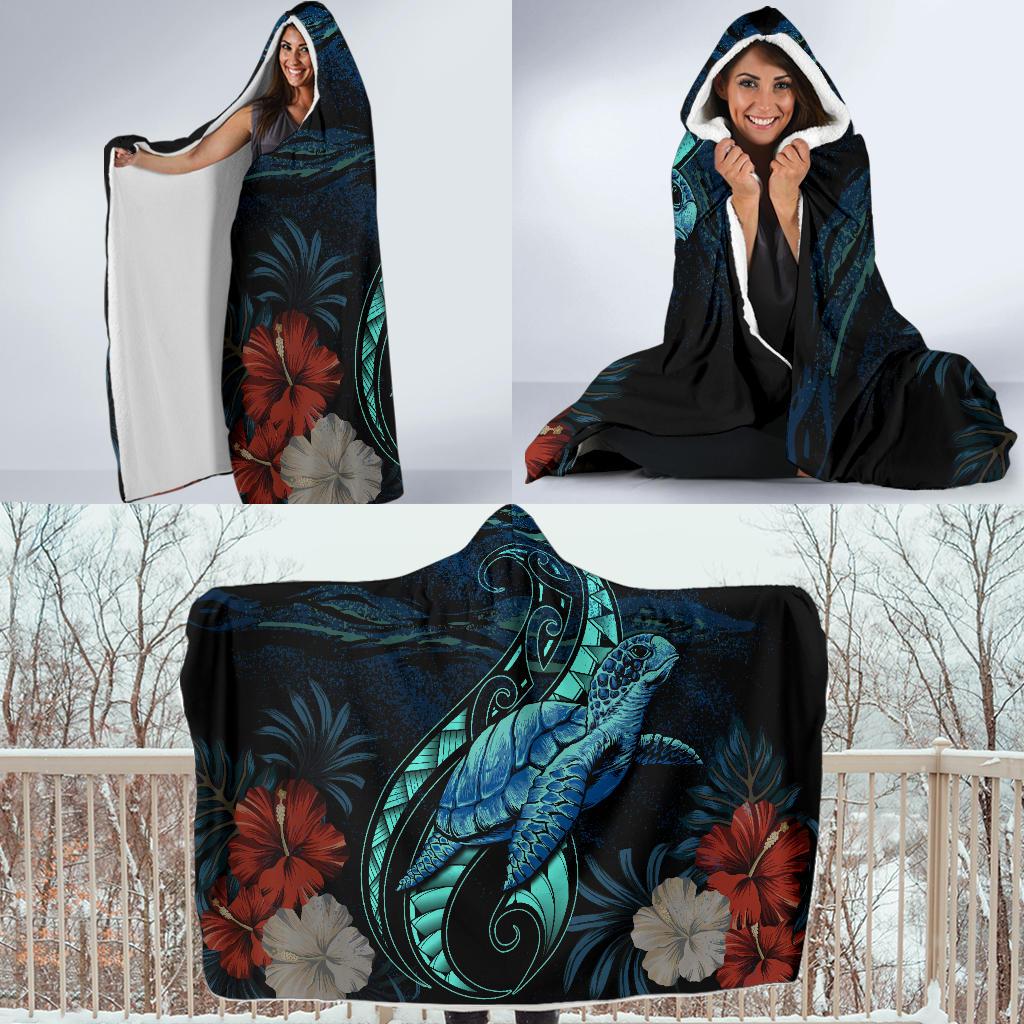 Hawaii Polynesian Honu Sea Hibiscus Hooded Blanket - Polynesian Pride
